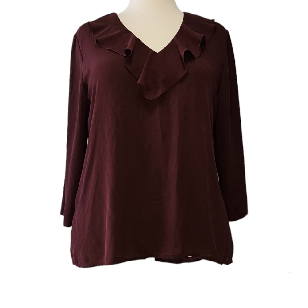 Van Heusen Ruffled Sheer Burgundy 3/4 Sleeve Blouse Size Large